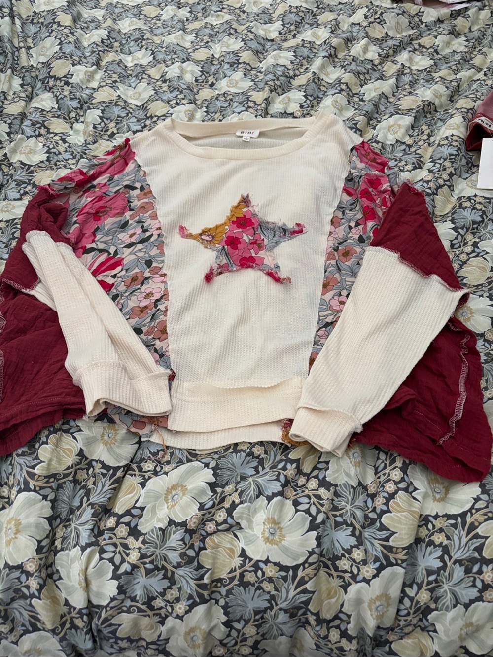 BiBi Cream Pullover with Burgundy Sleeves & Floral Star